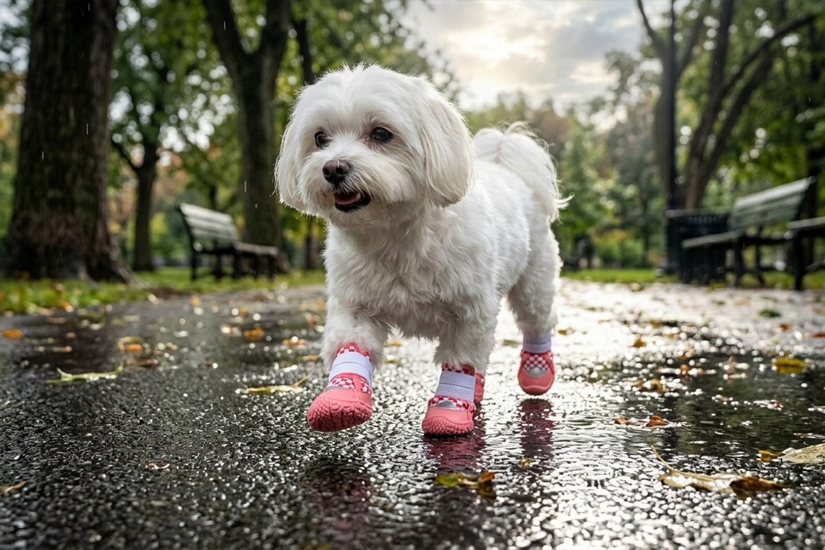 A small white Maltese dog pacing forward over a wet park sidewalk asphalt path wearing pink checker shoes.