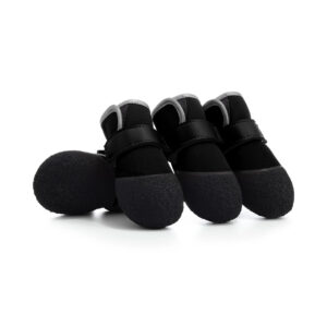 Black waterproof all-weather paw protectors with adjustable wide velcro ankle straps for muddy walks.