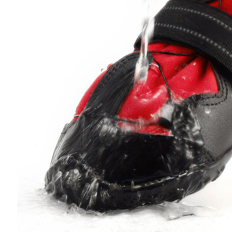 Water pouring over the protective toe cap and waterproof fabric shell of waterproof dial-fit dog shoes.
