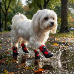 A small white dog splashing through a puddle in a park wearing red waterproof dial-fit dog shoes under the rain.