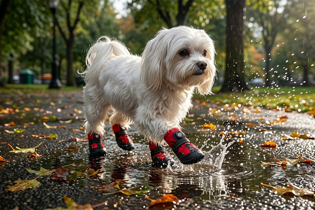 A small white dog splashing through a puddle in a park wearing red waterproof dial-fit dog shoes under the rain.