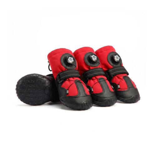 Red waterproof dial-fit dog shoes displaying the mechanical rotary adjustment wheel and black rubberized sole protective wrap.