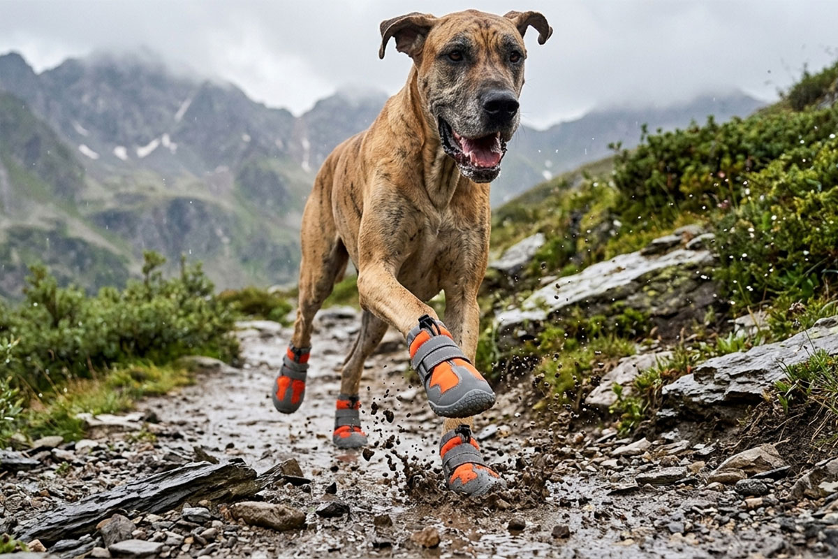 A large brindle Great Dane sprinting down a rocky wet mountain path wearing orange waterproof high-top dog shoes.