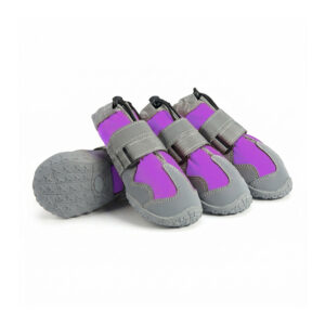 Pink Waterproof High-Top Dog Shoes Pack Fuchsia pink waterproof high-top dog shoes displaying double silver reflective tracks on adjustable hook and loop fasteners.