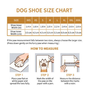 Waterproof High-Top Dog Shoes Size Chart Paw measurement guide, how to measure, and sizing chart for waterproof high-top dog shoes.