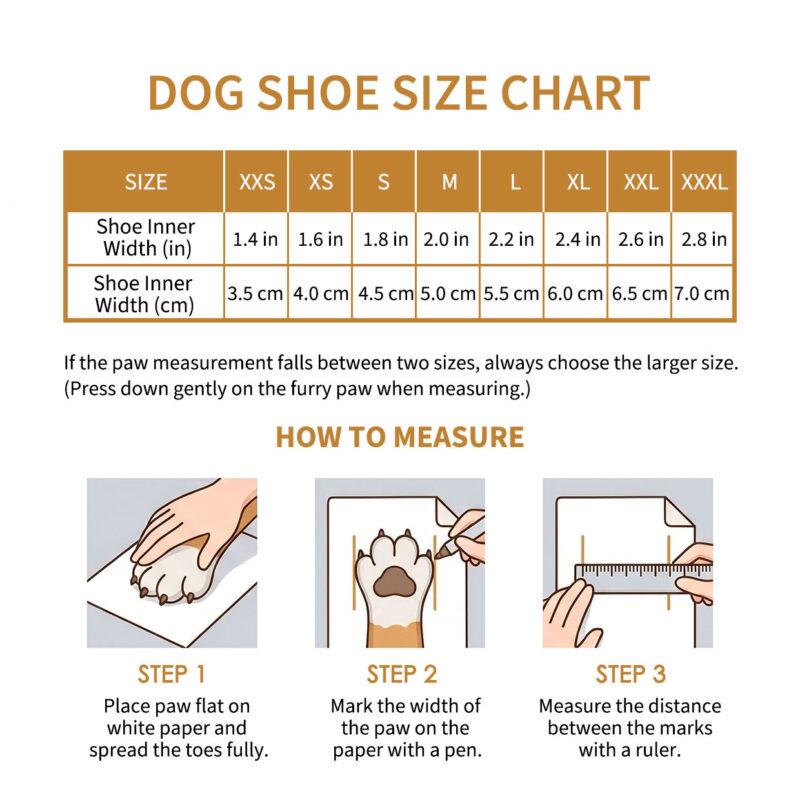 Waterproof High-Top Dog Shoes Size Chart Paw measurement guide, how to measure, and sizing chart for waterproof high-top dog shoes.