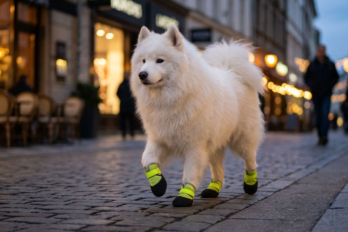 A white samoyed walking on a city cobblestone street wearing lime green waterproof neoprene dog shoes.