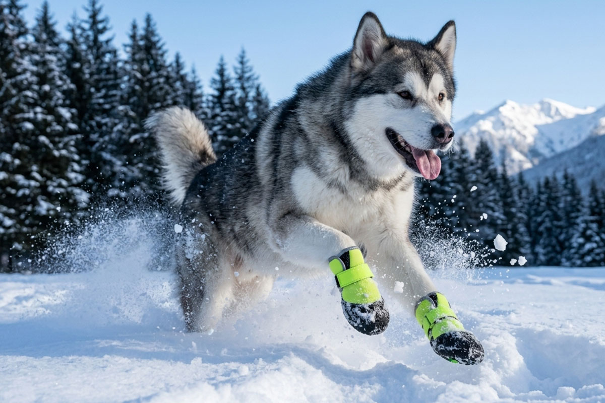 An alaskan malamute sprinting through white snow banks wearing green waterproof neoprene dog shoes.