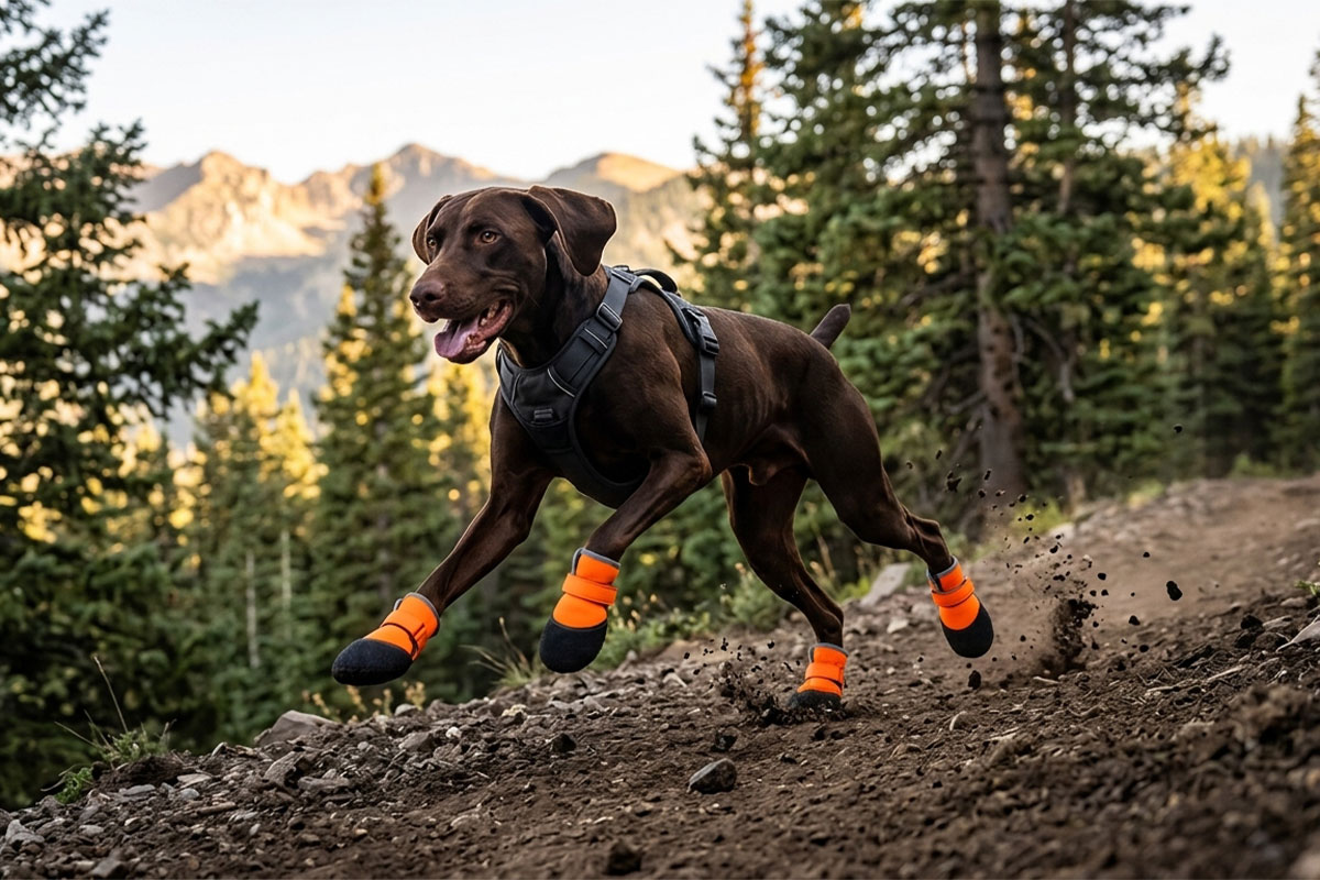 A brown dog running fast on a rugged trail wearing protective orange waterproof neoprene dog shoes.