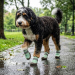 A black and tan Doodle walking along a wet asphalt concrete road path wearing sage green waterproof small dog walking shoes.