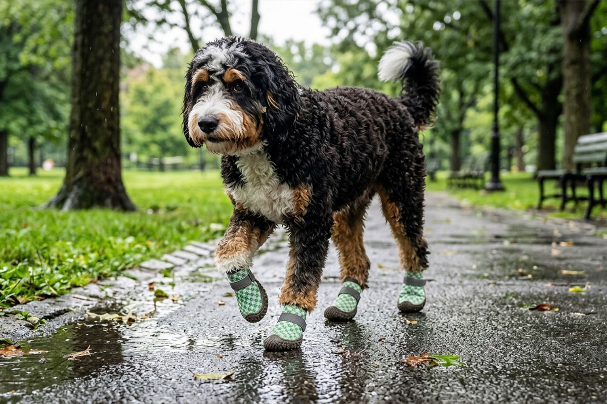 A black and tan Doodle walking along a wet asphalt concrete road path wearing sage green waterproof small dog walking shoes.