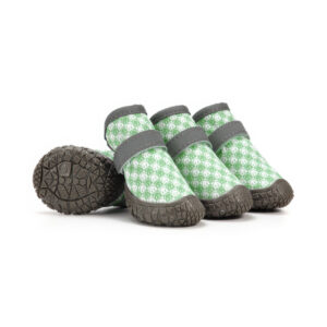 Sage green waterproof small dog walking shoes featuring a modern checker print pattern, grey straps, and rubber soles.