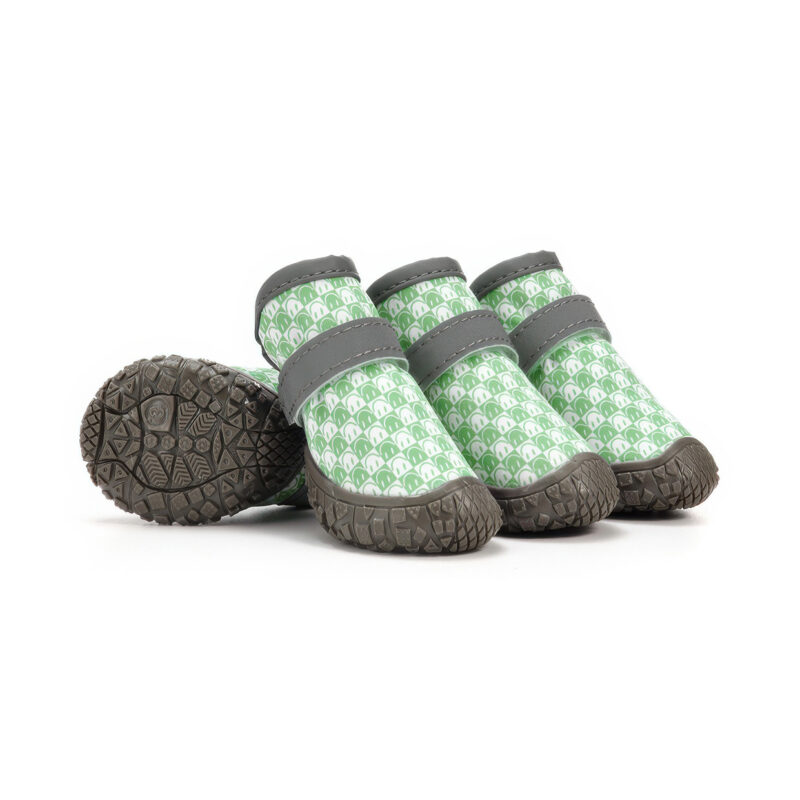Sage green waterproof small dog walking shoes featuring a modern checker print pattern, grey straps, and rubber soles.