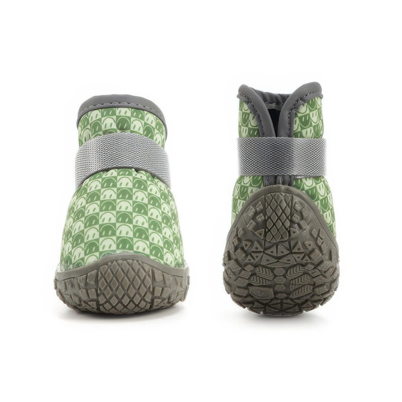 Symmetrical front and underneath view of sage green waterproof small dog walking shoes showing anti-slip rubber traction lines.
