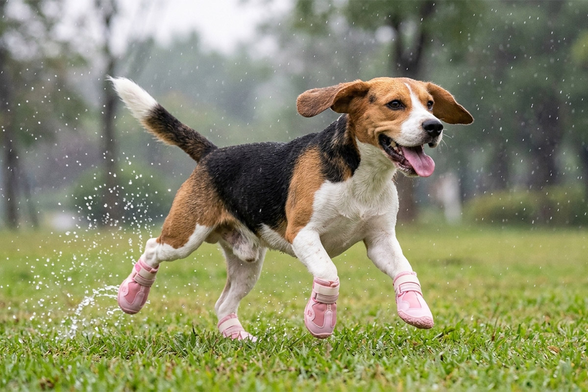 An active Beagle dog sprinting happily across a green grass field during a rainy day wearing pink waterproof warm dog shoes.