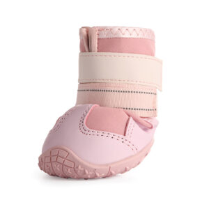 Pink Waterproof Dog Shoe Front Profile Front centered view of a pink waterproof warm dog shoe emphasizing the anti-collision space leather shielding zone.