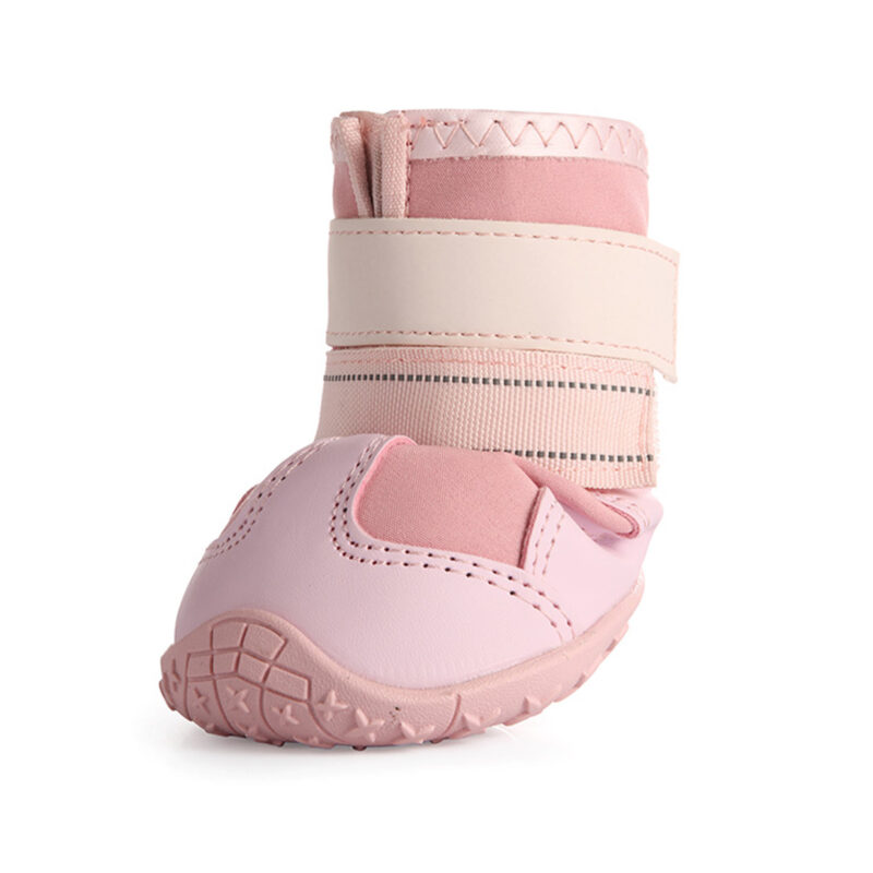 Pink Waterproof Dog Shoe Front Profile Front centered view of a pink waterproof warm dog shoe emphasizing the anti-collision space leather shielding zone.