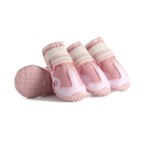 Pink Waterproof Warm Dog Shoes Pack Pink waterproof warm dog shoes displaying the anti-slip rubber outsole pattern and wide safety fastening straps.
