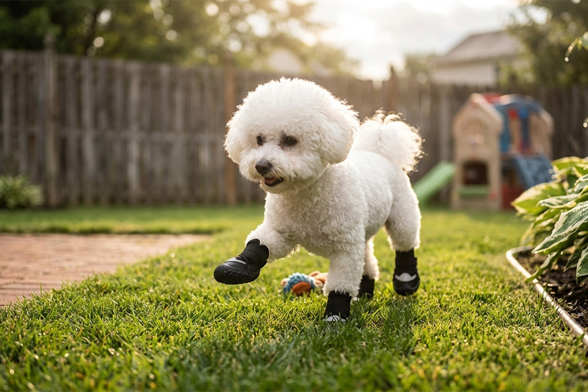 A fluffy white Bichon Frise dog trotting across a backyard lawn wearing stealth black easy-on small dog shoes.
