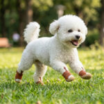 A small white Bichon Frise running dynamically across lush green park grass wearing mocha brown winter-warm dog shoes.