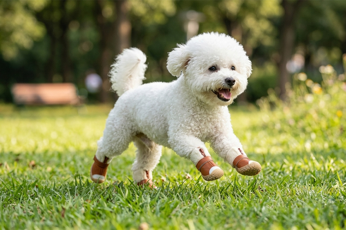 A small white Bichon Frise running dynamically across lush green park grass wearing mocha brown winter-warm dog shoes.