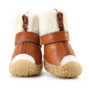 Front view of mocha brown winter-warm dog shoes highlighting the smooth vertical zipper entry paths and white toe caps.