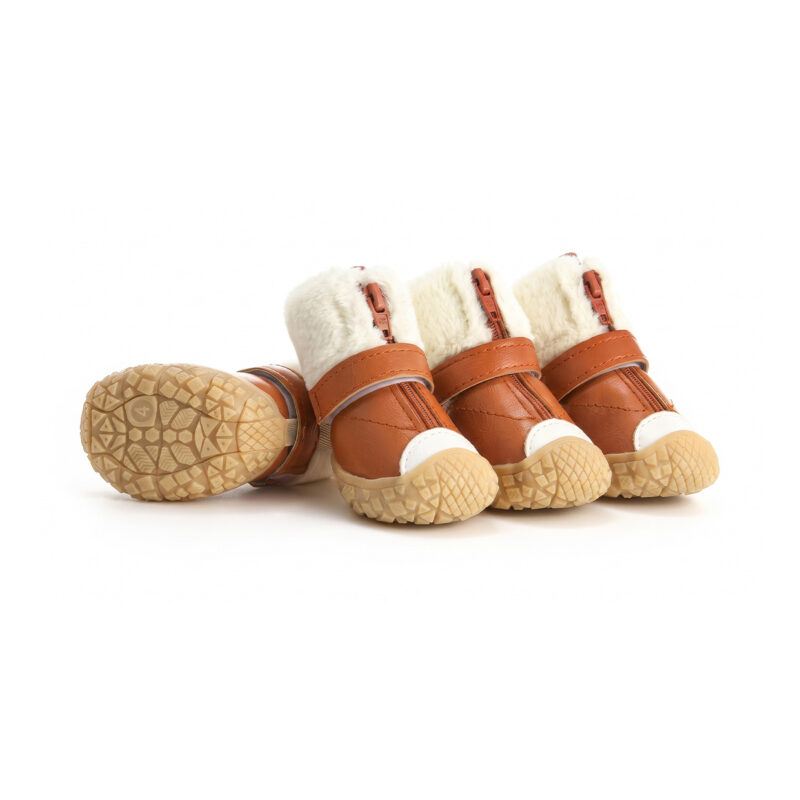 Mocha brown winter-warm dog shoes showcasing plush white fur cuffs, brown leather panels, and tan rubber soles.