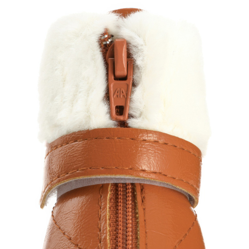 Straight front look focusing on the vertical zipper path and plush white rabbit fur collar trim on mocha brown dog boots.