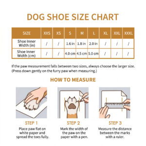 Paw measurement guide, how to measure, and sizing chart for Winter Water-Resistant Fleece Dog Shoes.