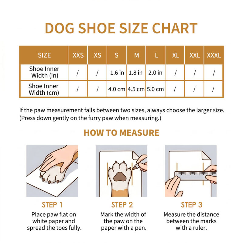 Paw measurement guide, how to measure, and sizing chart for Winter Water-Resistant Fleece Dog Shoes.