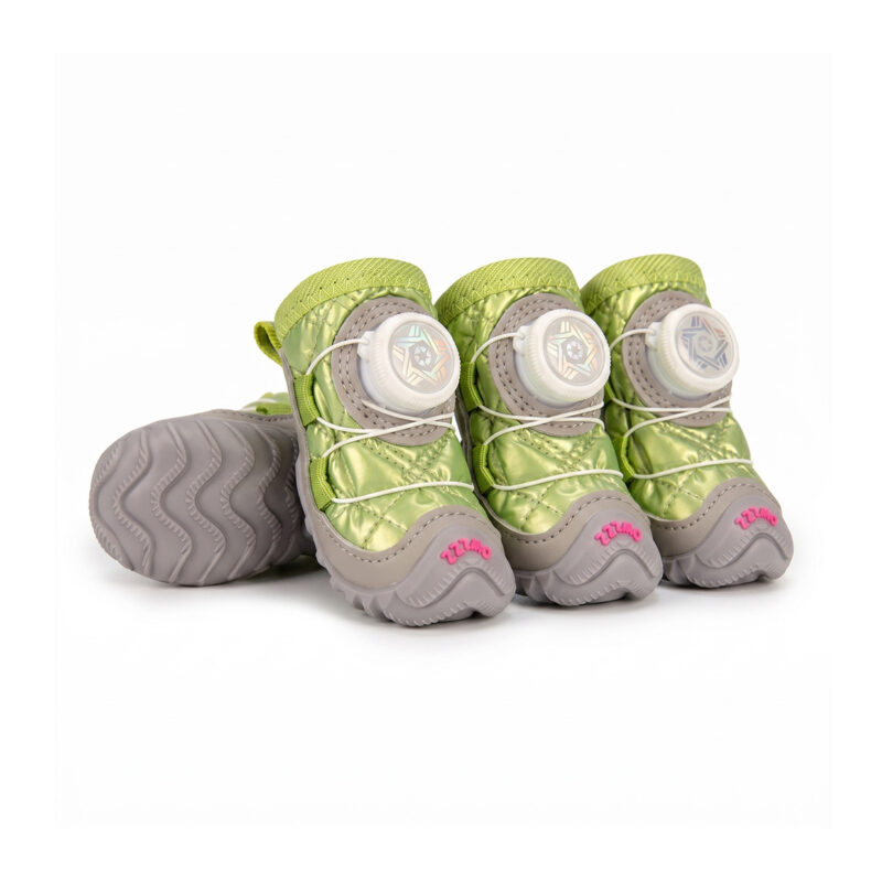 Mint Green Winter Waterproof Dog Shoes Set Mint green winter waterproof dog shoes featuring quilted weather-resistant panels and mechanical wire closure dials.