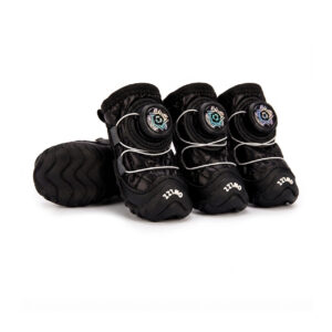 Stealth Black Winter Waterproof Dog Shoes Pack Stealth black winter waterproof dog shoes displaying tough quilted dark shells and matching black rotating dial anchors.