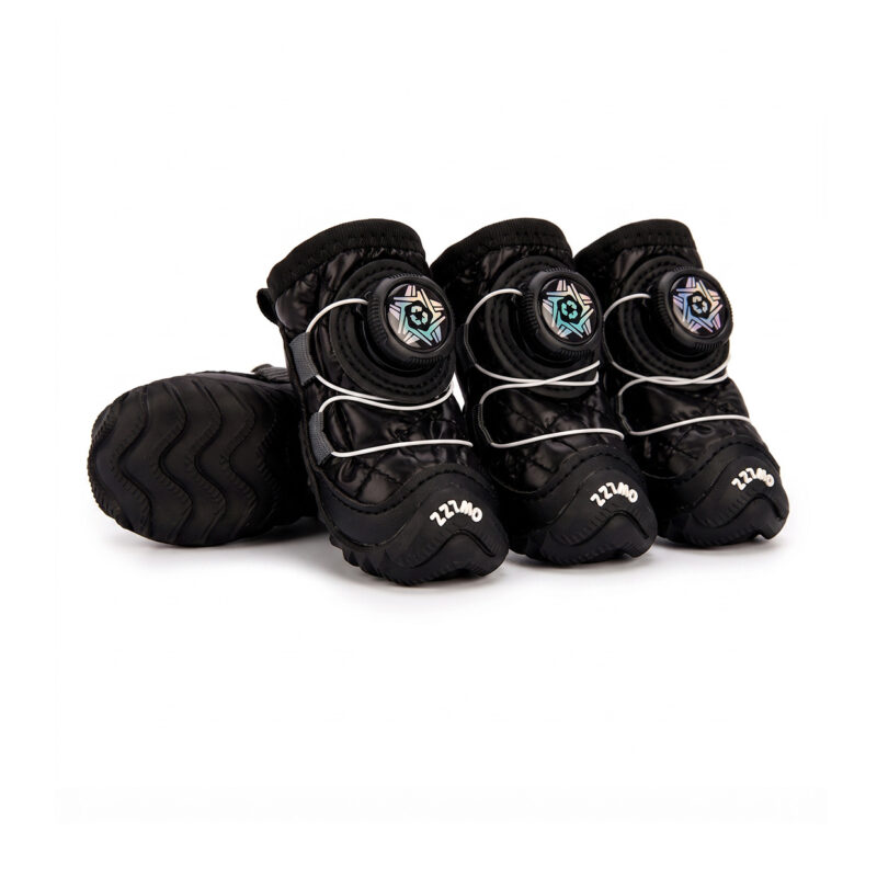 Stealth Black Winter Waterproof Dog Shoes Pack Stealth black winter waterproof dog shoes displaying tough quilted dark shells and matching black rotating dial anchors.