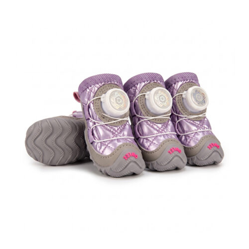 Taro purple winter waterproof dog shoes showcasing quilted shiny uppers, grey leather mudguards, and white wire dials.