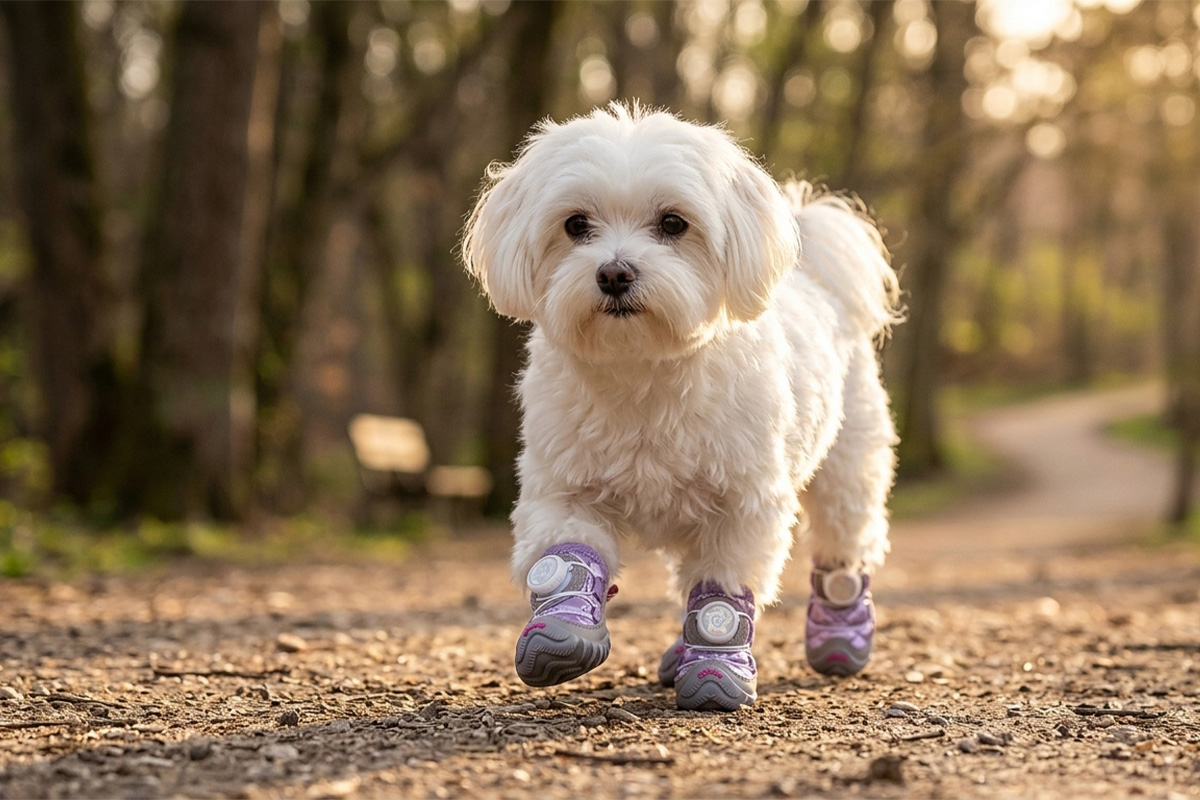 A small white Maltese dog pacing forward over a sunlit dirt park path wearing taro purple winter waterproof dog shoes.