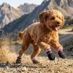 Active Goldendoodle running fast on a mountain dirt trail wearing protective pink waterproof rubber sole dog socks.