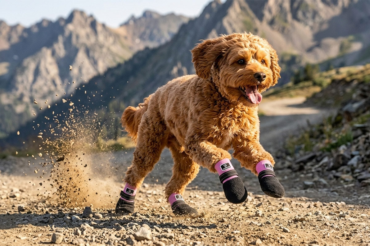 Active Goldendoodle running fast on a mountain dirt trail wearing protective pink waterproof rubber sole dog socks.