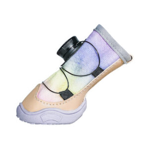 Anatomical Cable Fit Side Profile With Scuff Resistant PU Toe Armor Side profile view of adjustable cable dog shoes in unicorn pink detailing the black wire guides and tan PU leather toes.