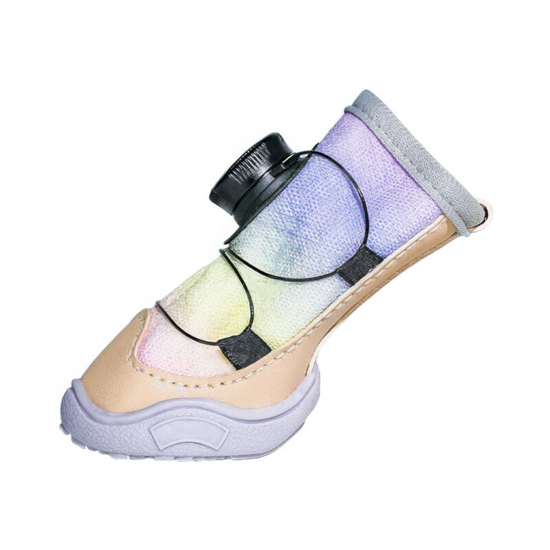 Anatomical Cable Fit Side Profile With Scuff Resistant PU Toe Armor Side profile view of adjustable cable dog shoes in unicorn pink detailing the black wire guides and tan PU leather toes.