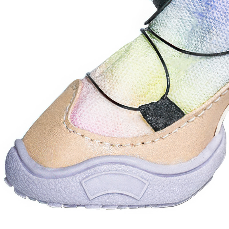 Close up profile of adjustable cable dog shoes showing the high strength wire cable and scuff resistant front guard.