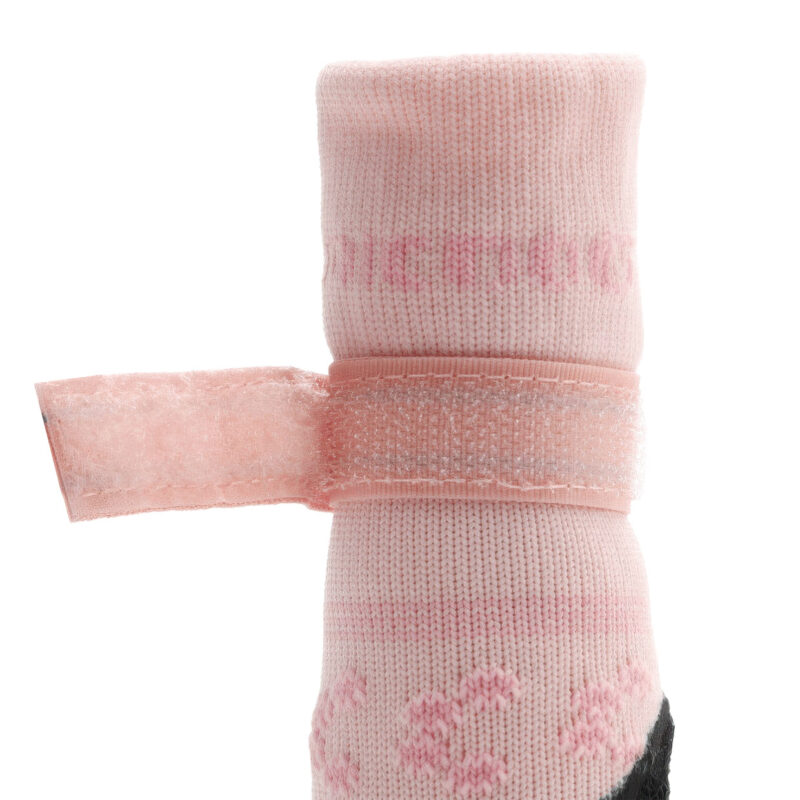 Close-up of the heavy-duty micro-hook velcro anchoring strap system on adjustable elastic dog socks.