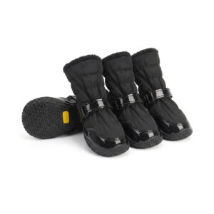Adjustable long sleeve dog boots in stealth black showing glossy microfiber leather toe guards and black winter lining.