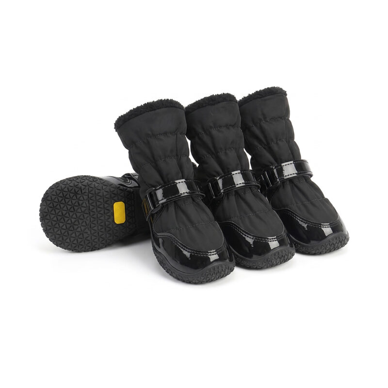 Adjustable long sleeve dog boots in stealth black showing glossy microfiber leather toe guards and black winter lining.