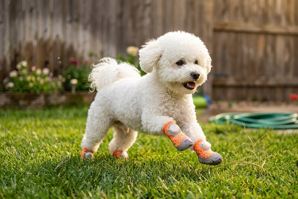 A small white Bichon Frise dog running fast over lush park lawn grass wearing tangerine orange airflow circulation dog footwear.
