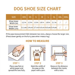 Paw measurement guide, how to measure, and sizing chart for all-weather dial-fit water-resistant dog shoes.