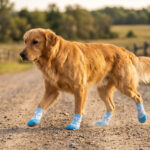 A Golden Retriever trotting confidently down a dirt road wearing sky blue all-weather paw protectors.