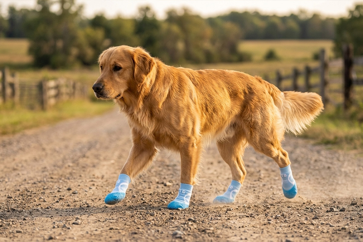 A Golden Retriever trotting confidently down a dirt road wearing sky blue all-weather paw protectors.