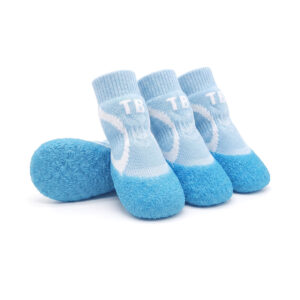Sky blue all-weather paw protectors showing white knit side graphics and a seamless molded light blue rubber shell.