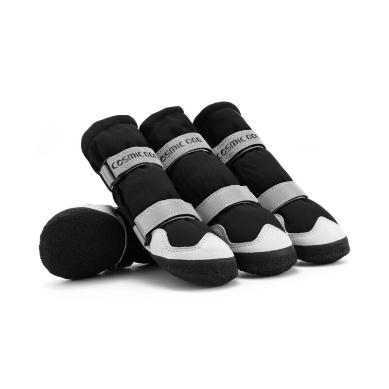 All-Weather Protective Shoes Black Cream Overview All-weather protective shoes in black and cream showing long-shaft outdoor dog booties with adjustable straps.