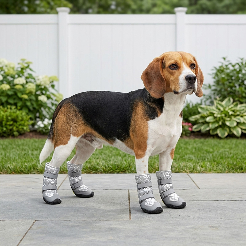 A Beagle standing outdoors on a patio wearing silver insulated all-weather waterproof dog boots.